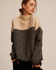 TIMELESS - Sweater with High Collar and Herringbone Pattern